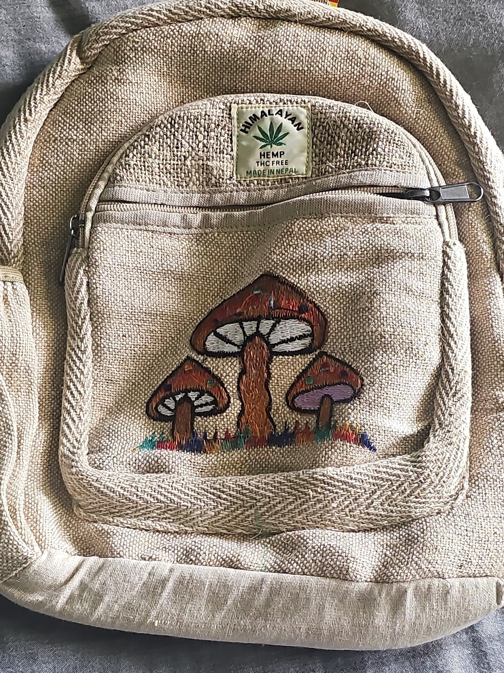 Rising International Hemp Beige Backpack with Mushroom Embroidery